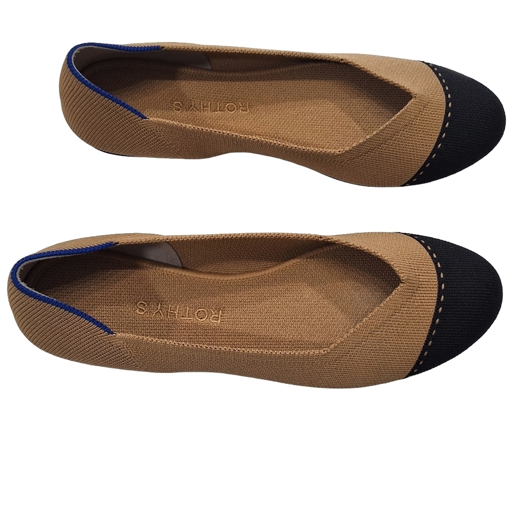Rothys~Womens Round Camel Cap Toe Ballet Flats~Black Tan Slip On Shoes~Size 8.5 - Picture 3 of 7
